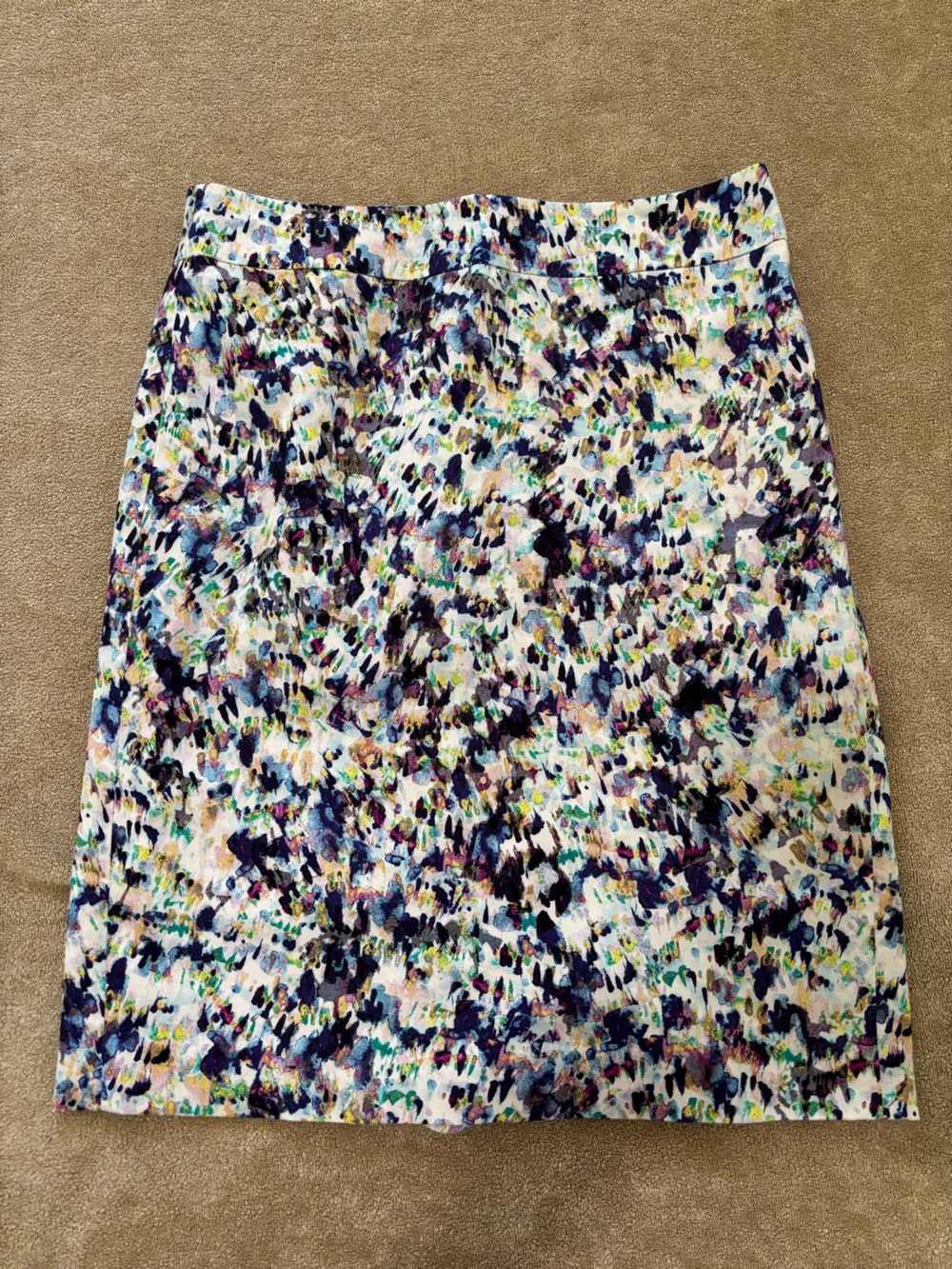 Ann Taylor Abstract Watercolor Skirt in White with Navy, Teal, Yellow, Purple